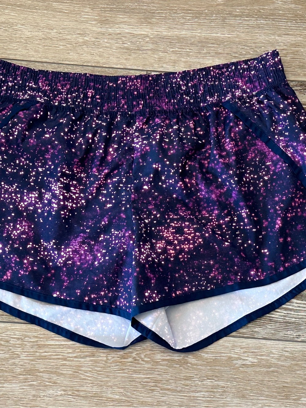 Champion Woman’s Sz L Athletic Shorts Navy Blue w Space Dye Galaxy Print